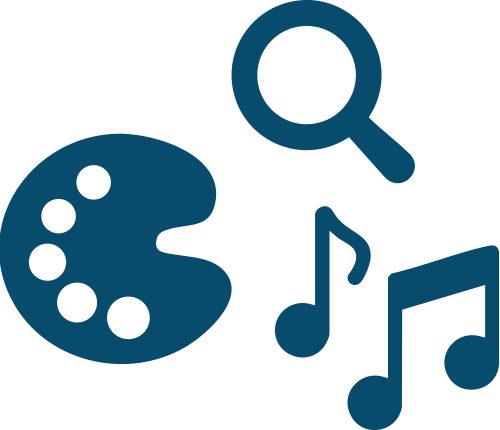 paints, magnifying glass and music notes icon