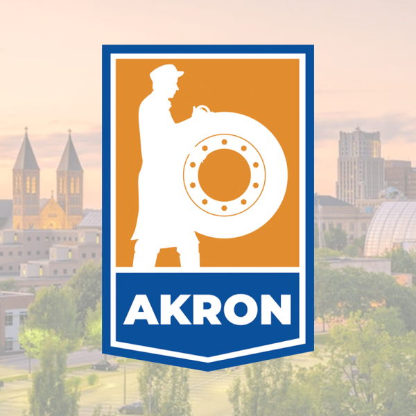 City of Akron logo with city skyline backdrop