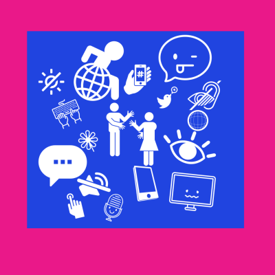  blue and pink square with Accessibility logos (screen reader, captions, audio, mobile device, ASL)